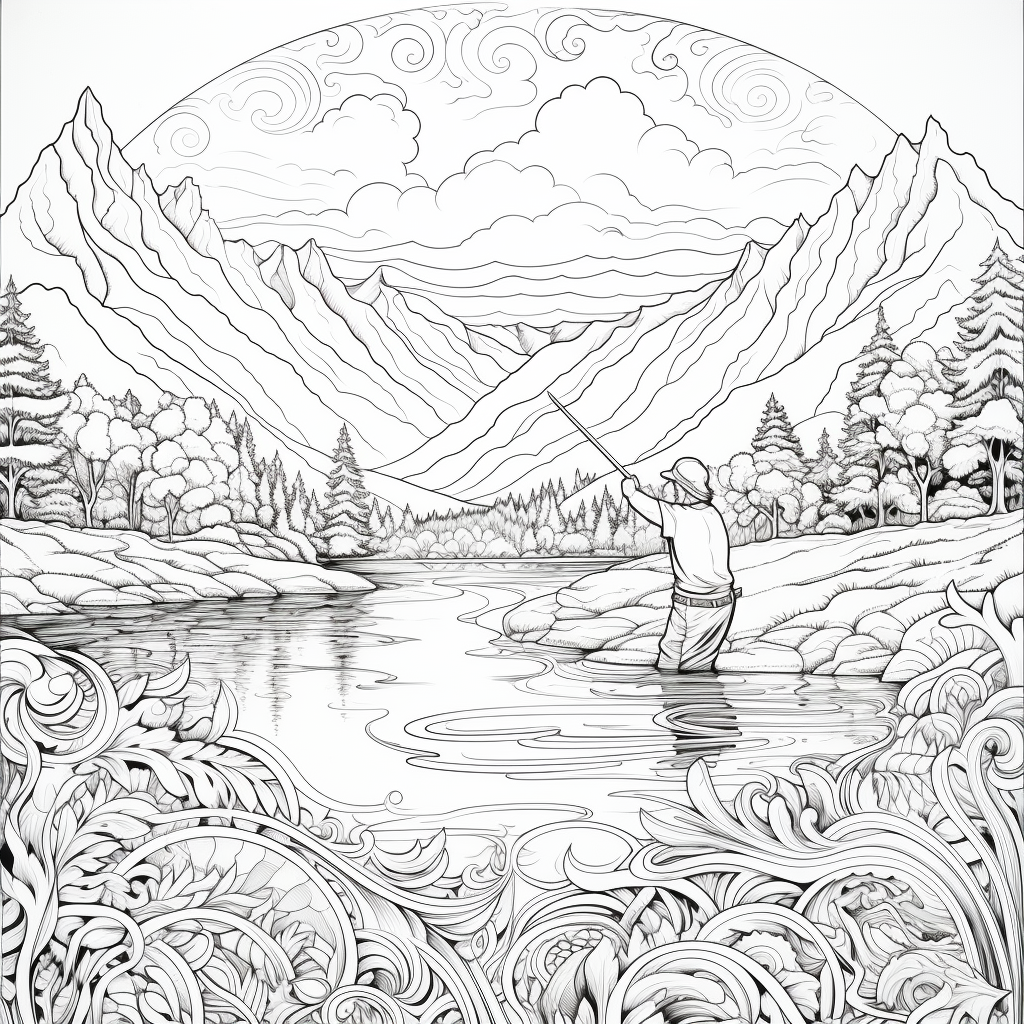 Adult coloring page of a man fishing with a trout