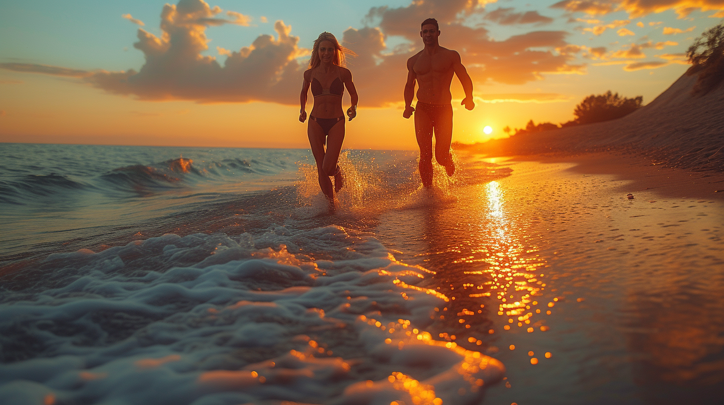 Fit couple running along beach at sunset