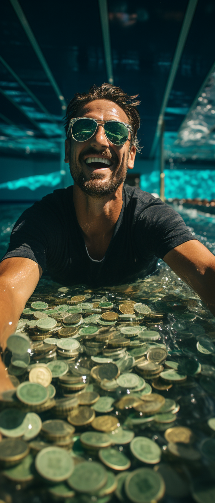 Fit male swimming in cash-filled pool