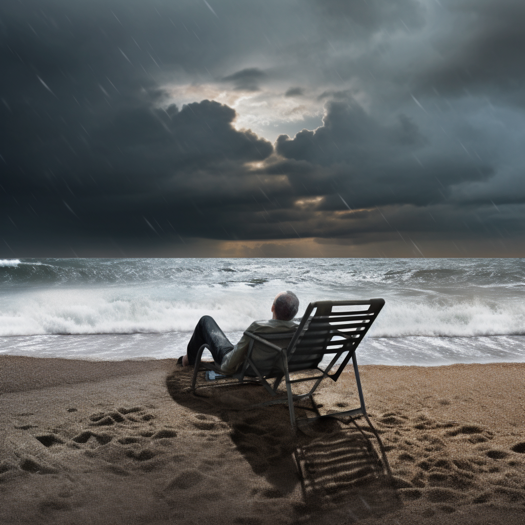 Fit man sunbathing on beach in rainstorm