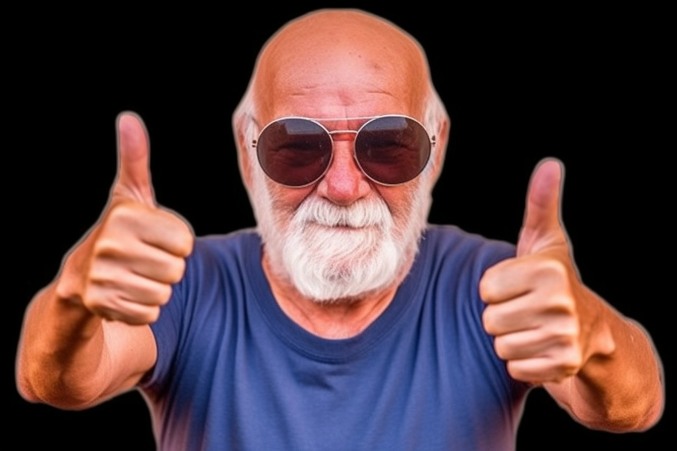 Fit old man joyfully dancing with peace sign