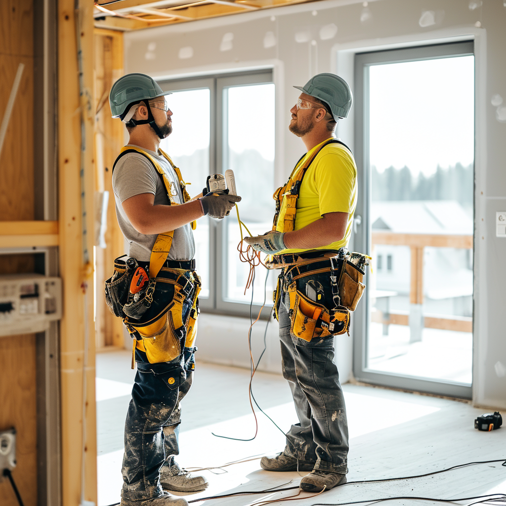 Fit electricians installing smart home solutions with safety gear