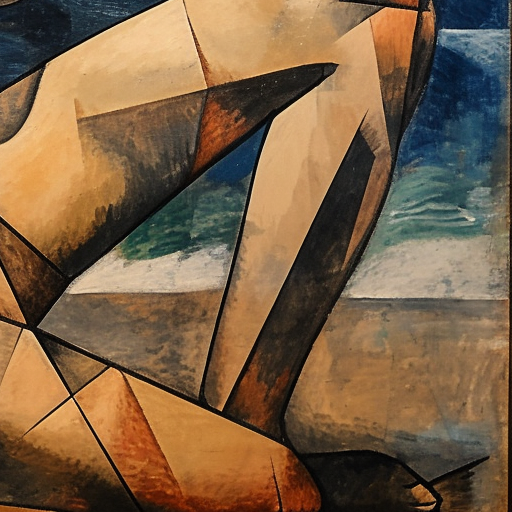 Abstract Picasso-style painting of fit woman at beach