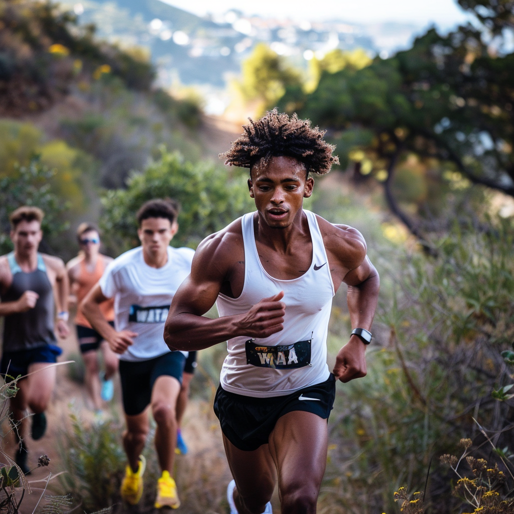 Fitness competitors running uphill