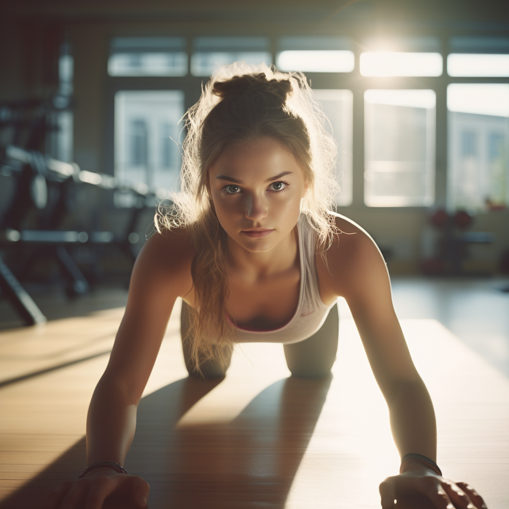 Teen girl doing push-ups in fitness studio