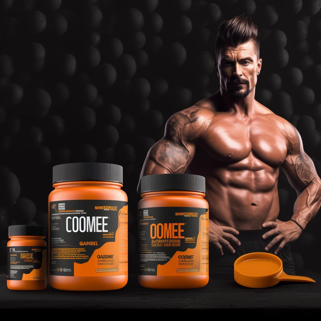 Two fitness supplements with bodybuilder and orange branding