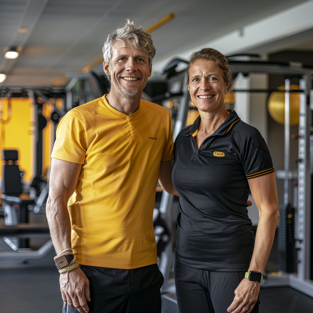 Dutch fitness trainer with client smiling at gym