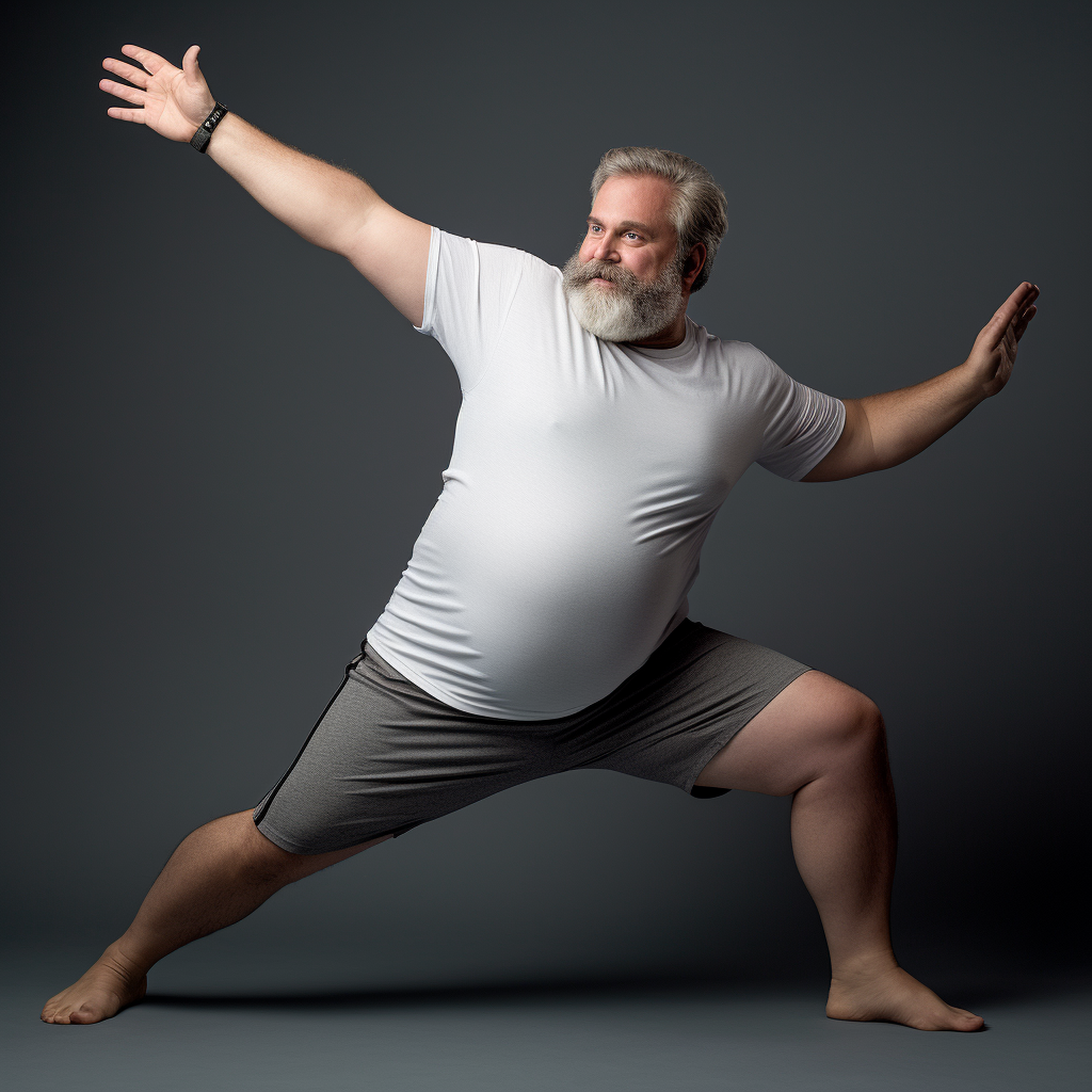 Man doing fitness stretching with big belly