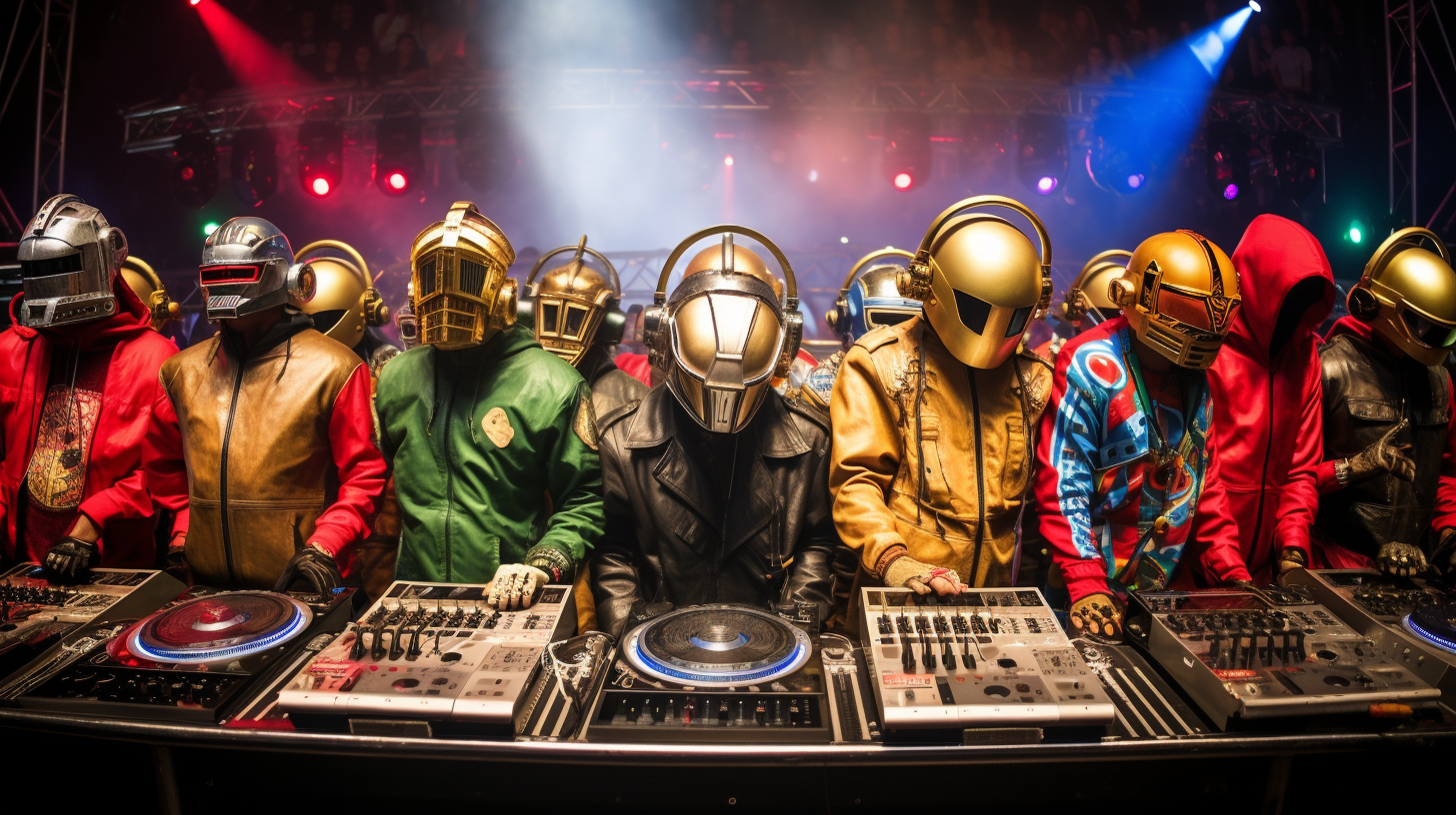 DJs wearing colorful helmets on stage