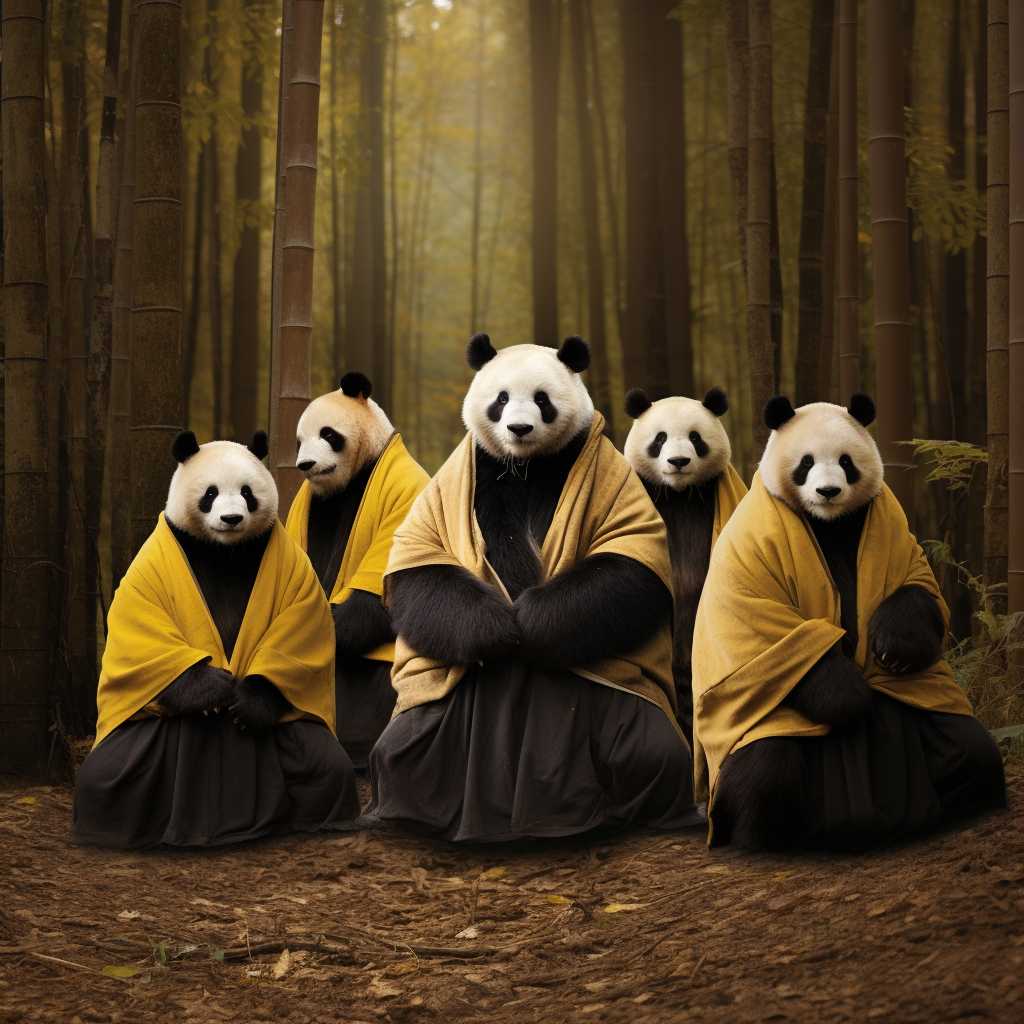 Five adorable pandas dressed as rabbis in a bamboo forest