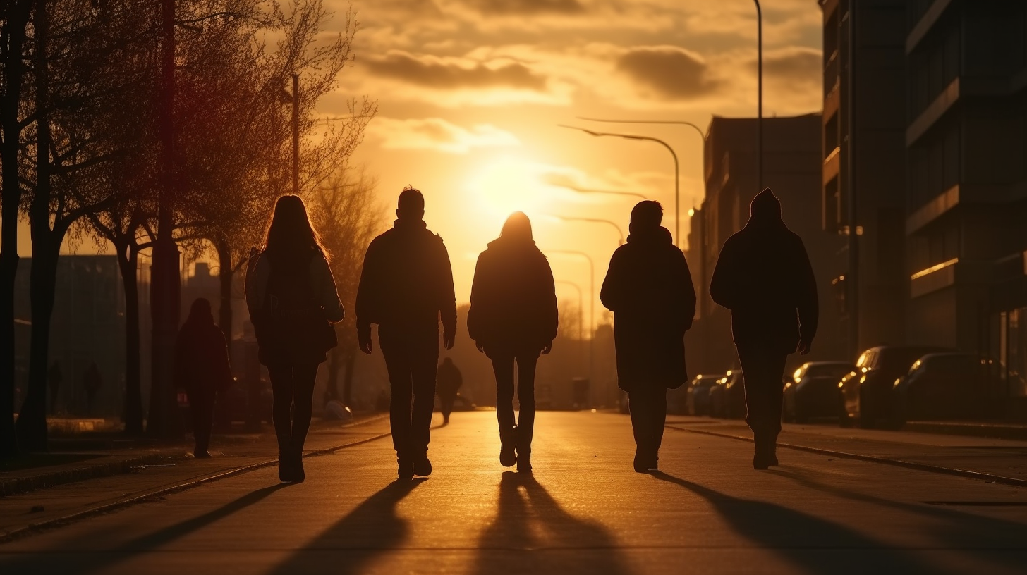 Group walking towards sunset in city