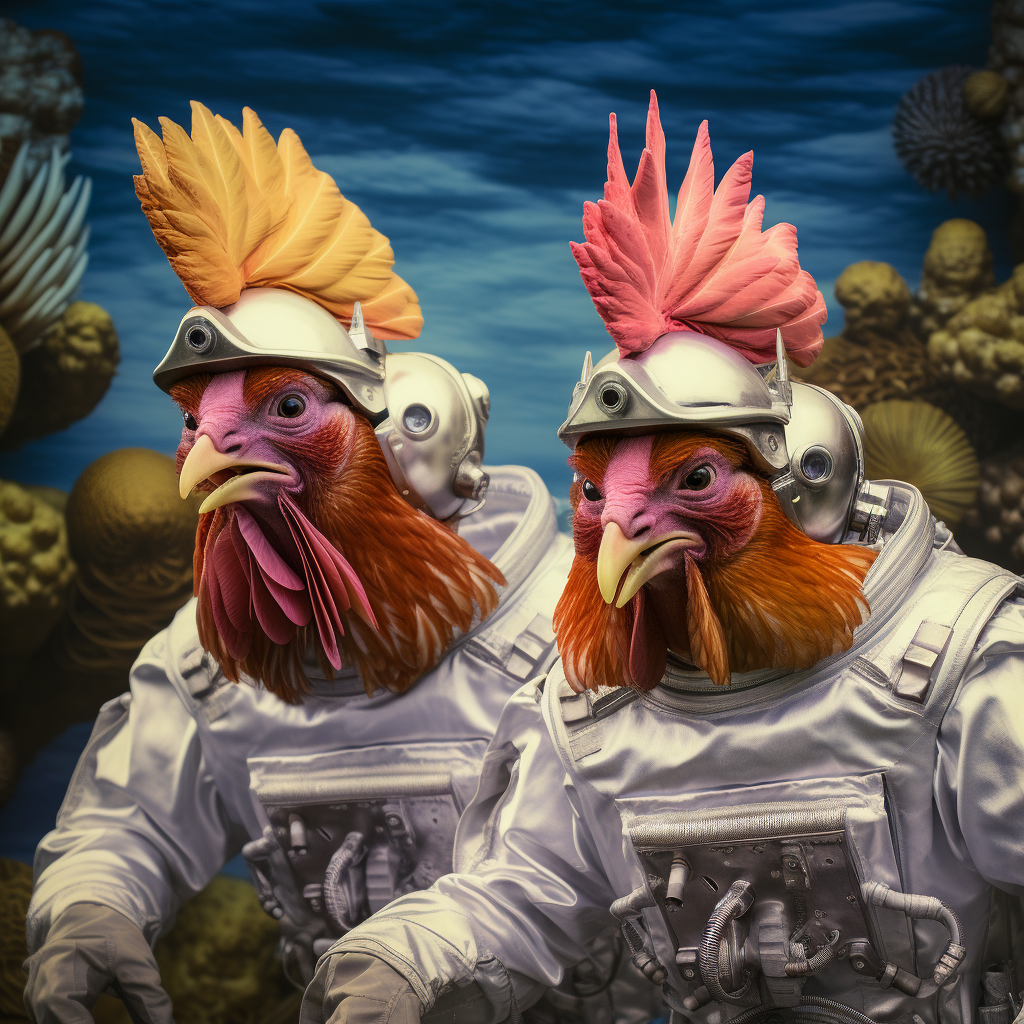 Flamboyant gay roosters exploring a colorful reef