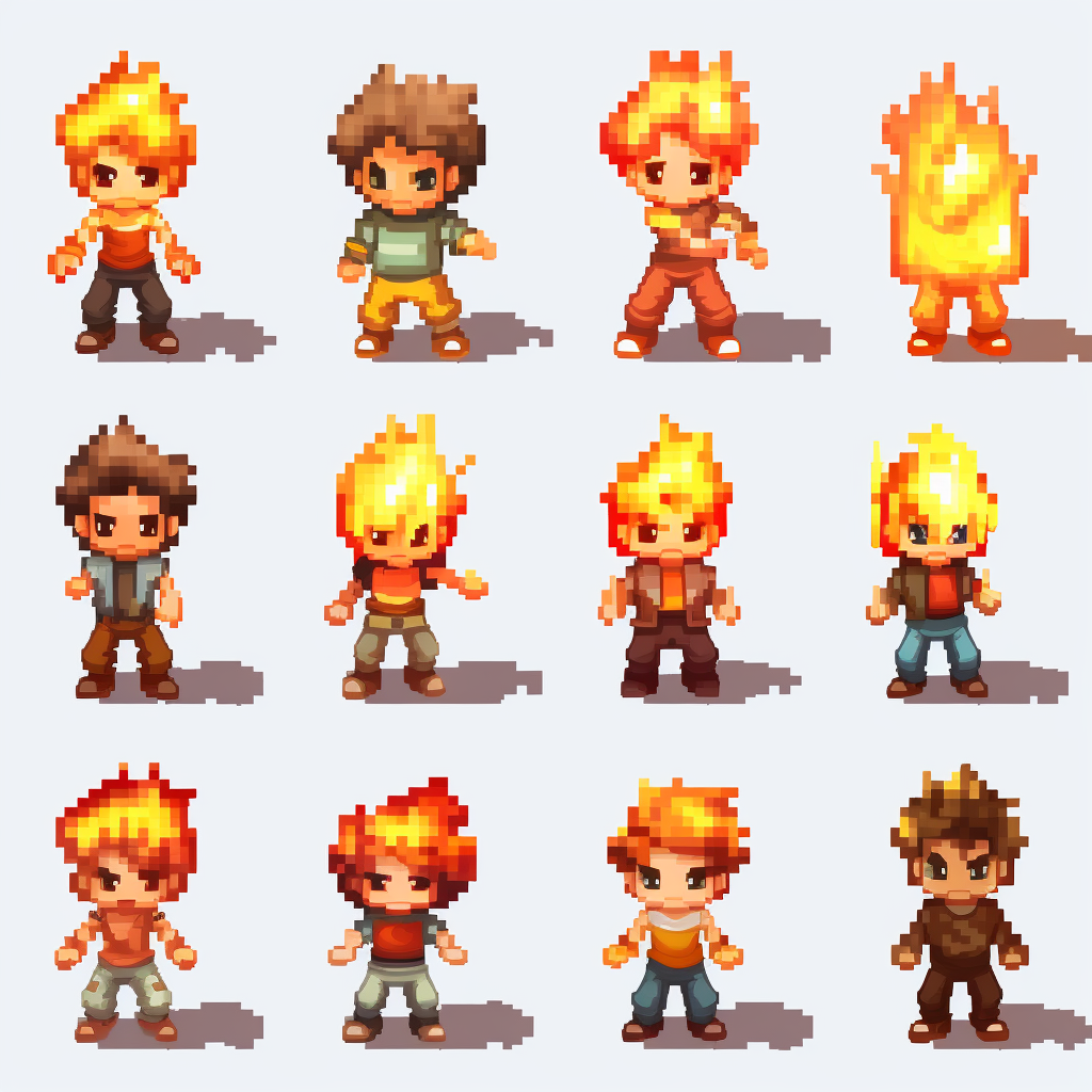 Flame Pixel Art Character in Jeans and Sneakers