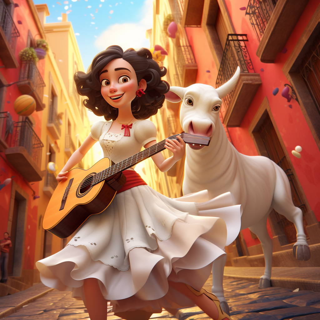 Cute Flamenco Girl Dancing Tango with a White Bull