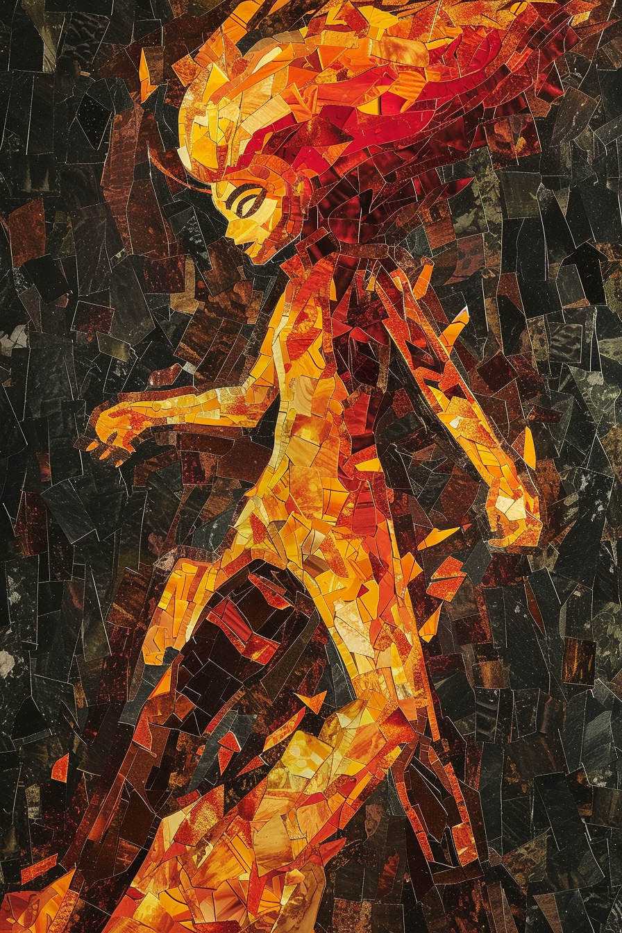 Flaming Fire Elemental Girl Cubism Dali Dark Night Robot