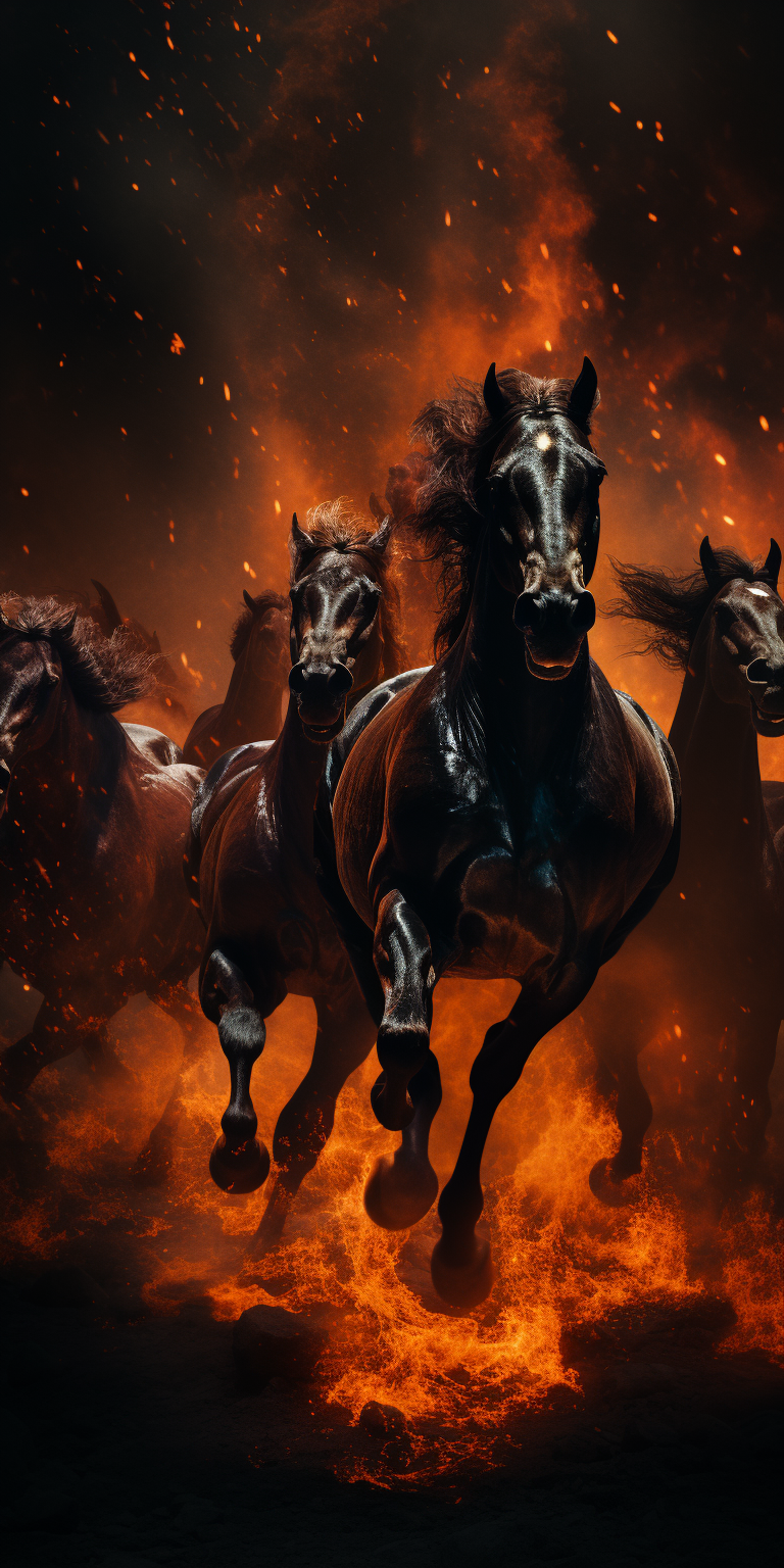 Flaming horses galloping in dark realism