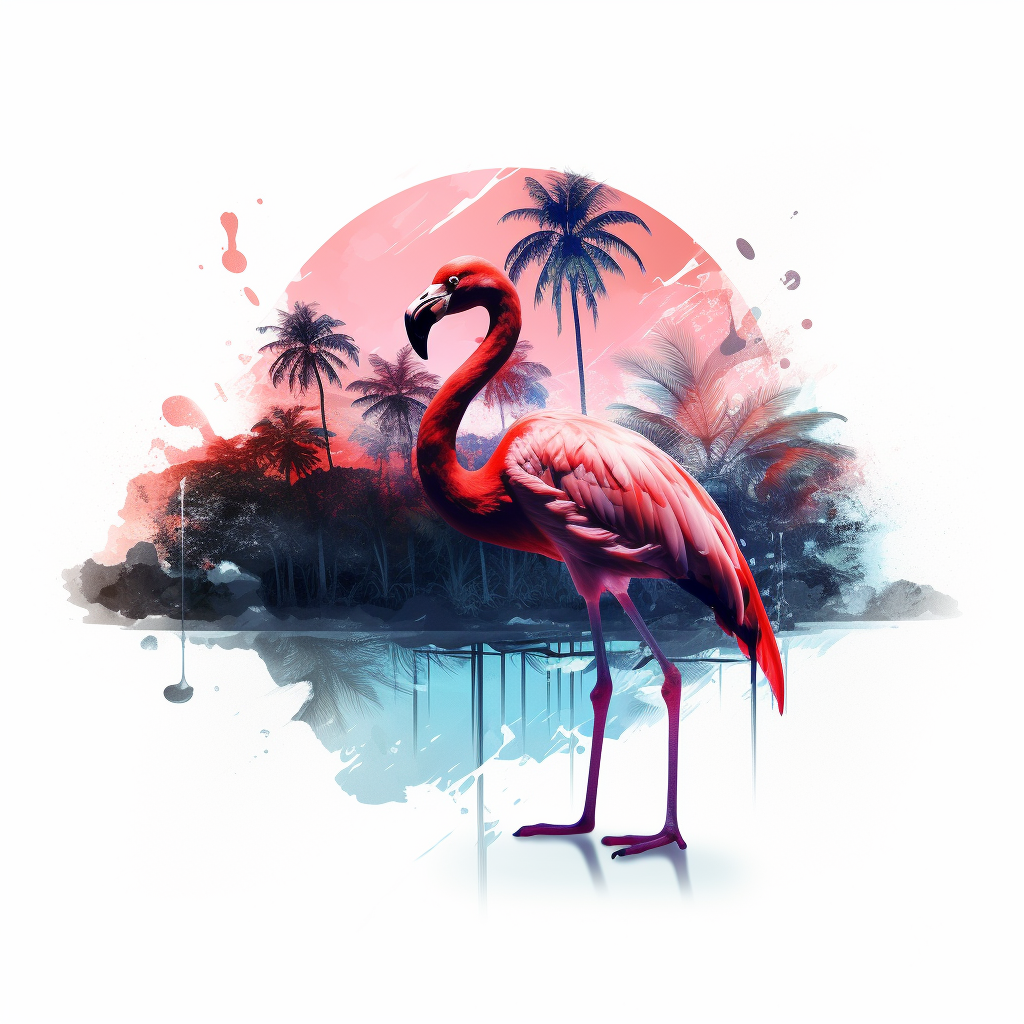 Double Exposure Flamingo Silhouette with Tropical Forest and Beach