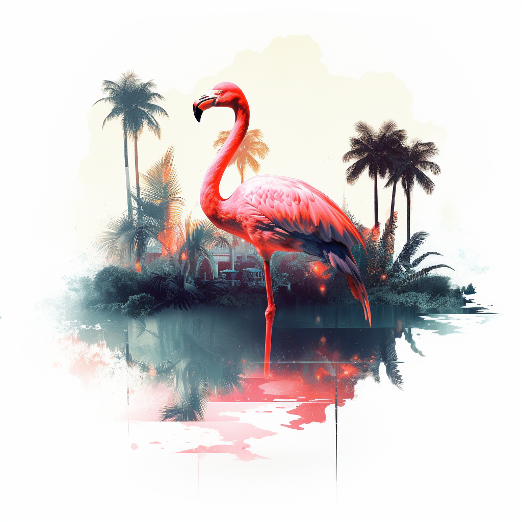 Flamingo in tropical forest and beach