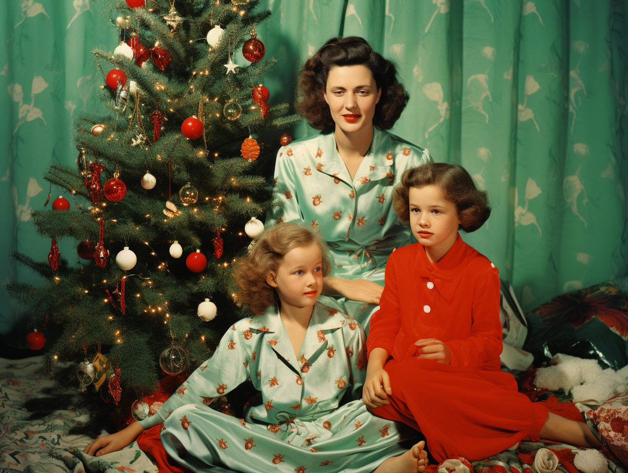 Cheerful family in flannel pajamas with Christmas tree