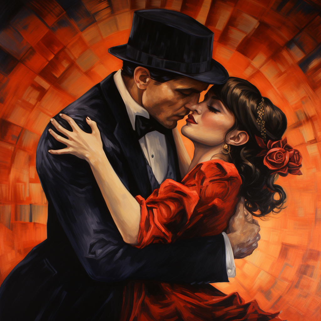 Flappers dancing tango in close embrace