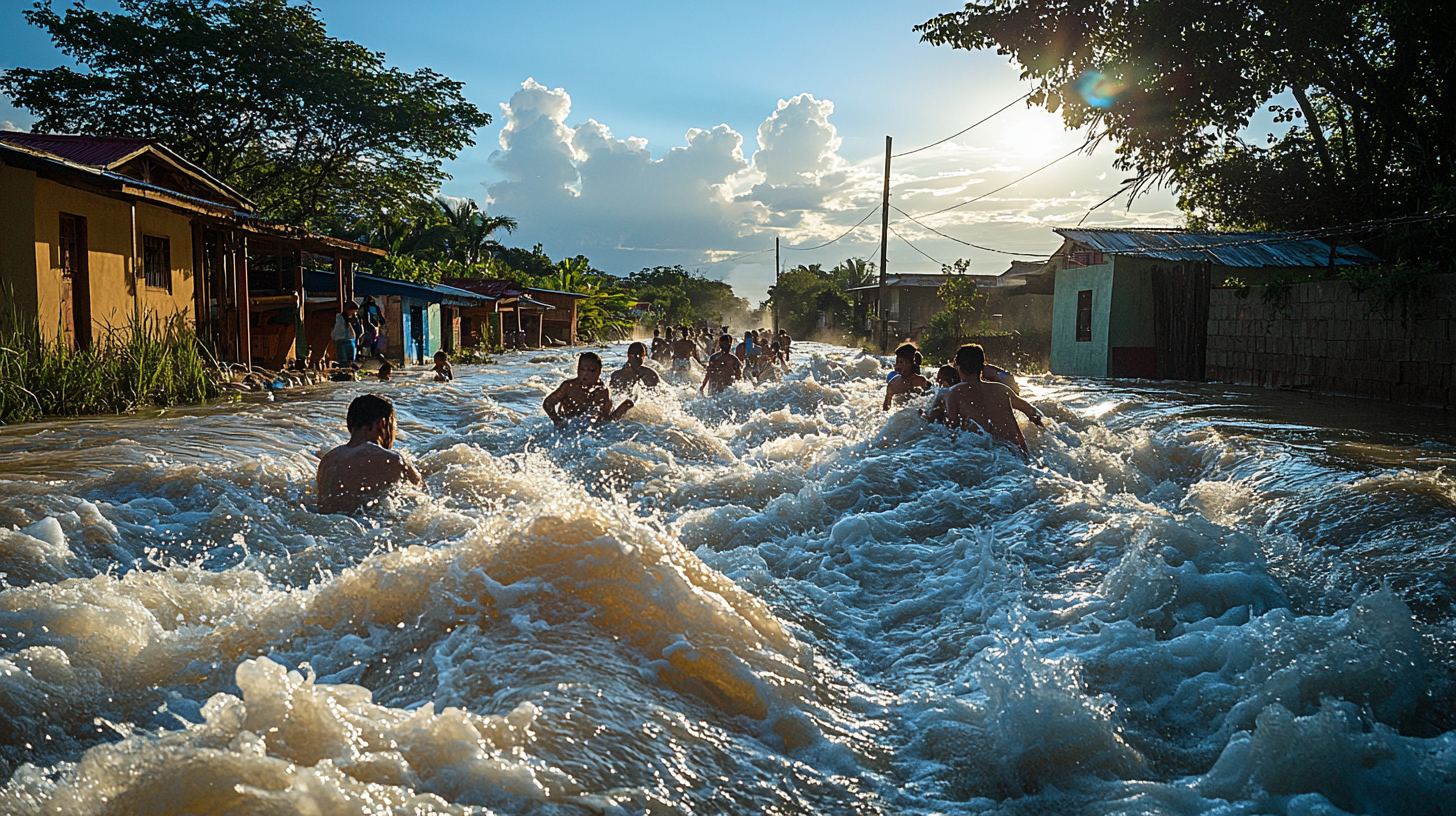 people in raging floodwaters