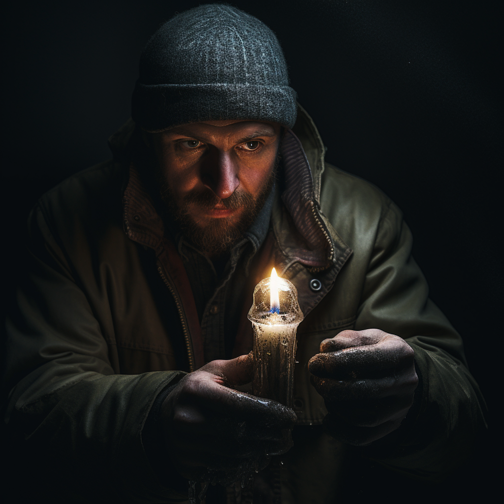 Man illuminating extinguished candle with flashlight