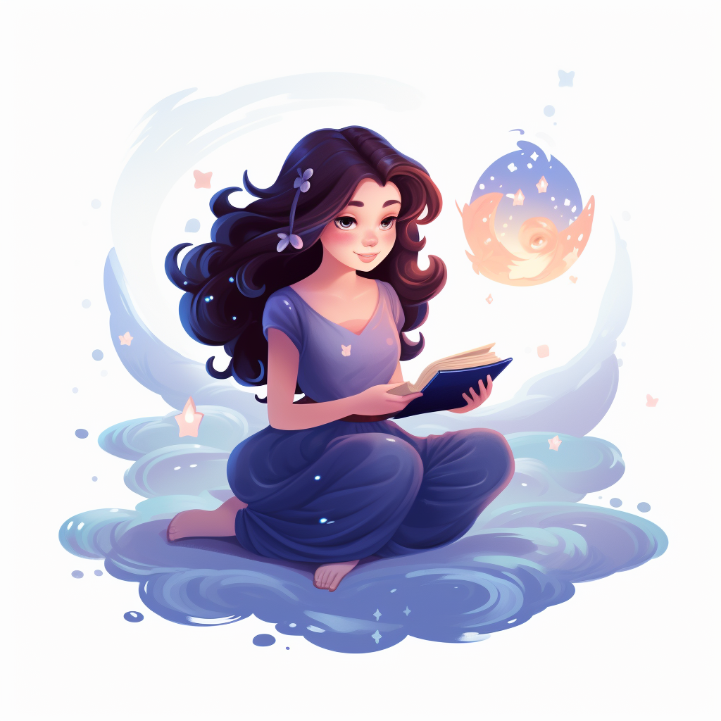 Flat 2D Pixar Style Character Woman Reading Magic Book