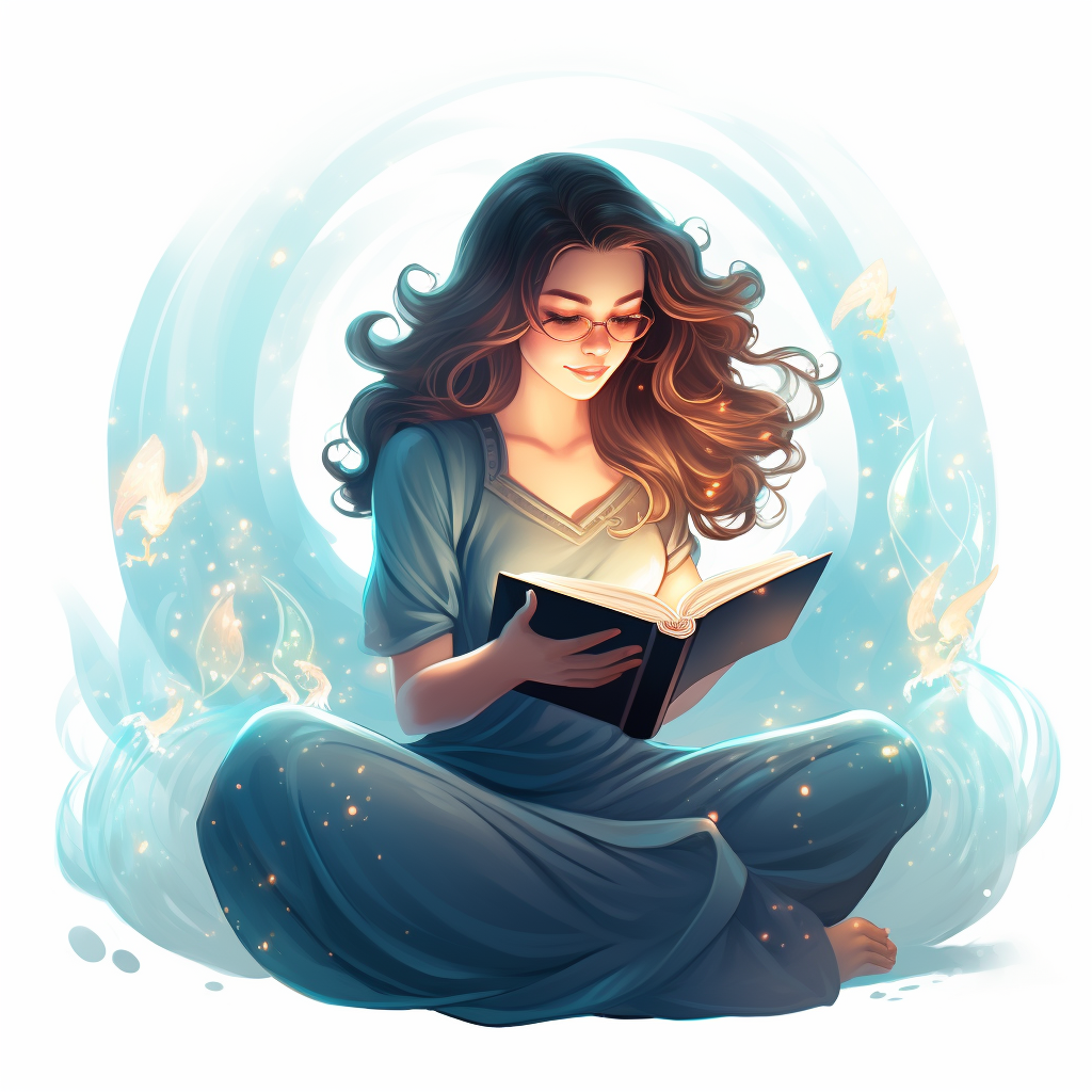 Woman reading magic book with lights