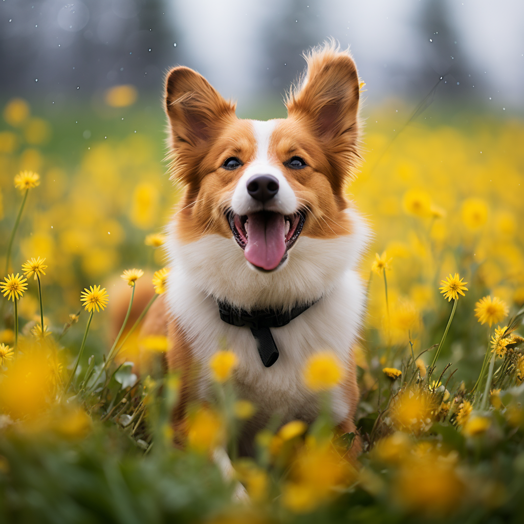 Playful flat-ear corgi with orange and white spots