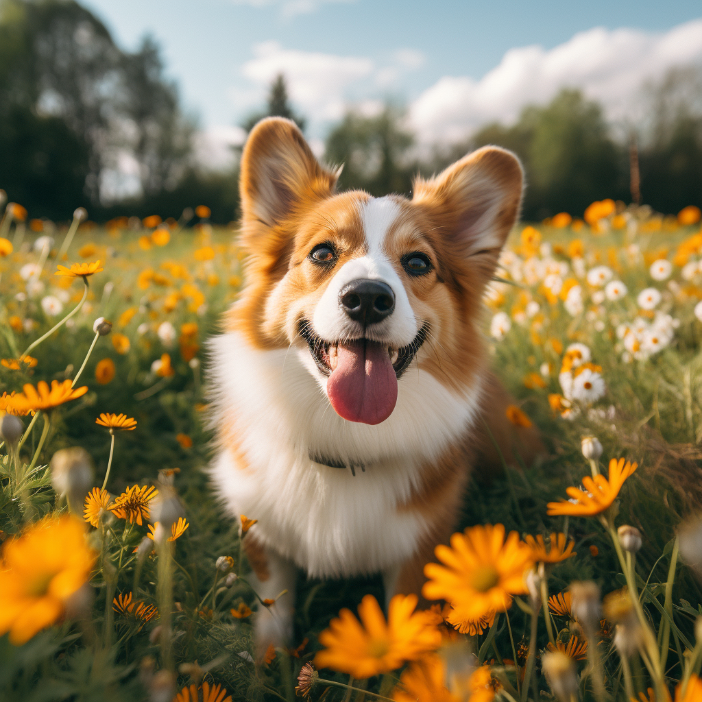 Cute Flat Ear Corgi in Dandelion Field