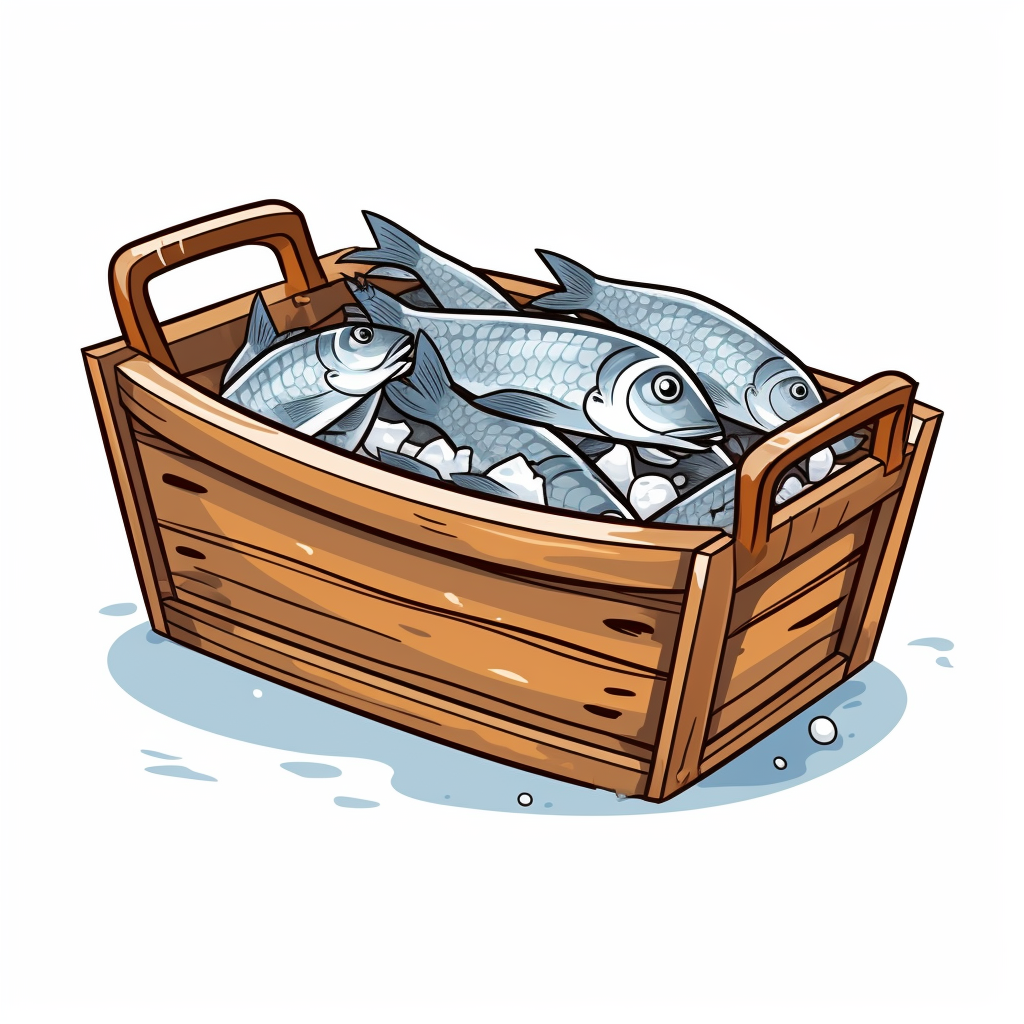 Fresh fish in wooden basket on ice