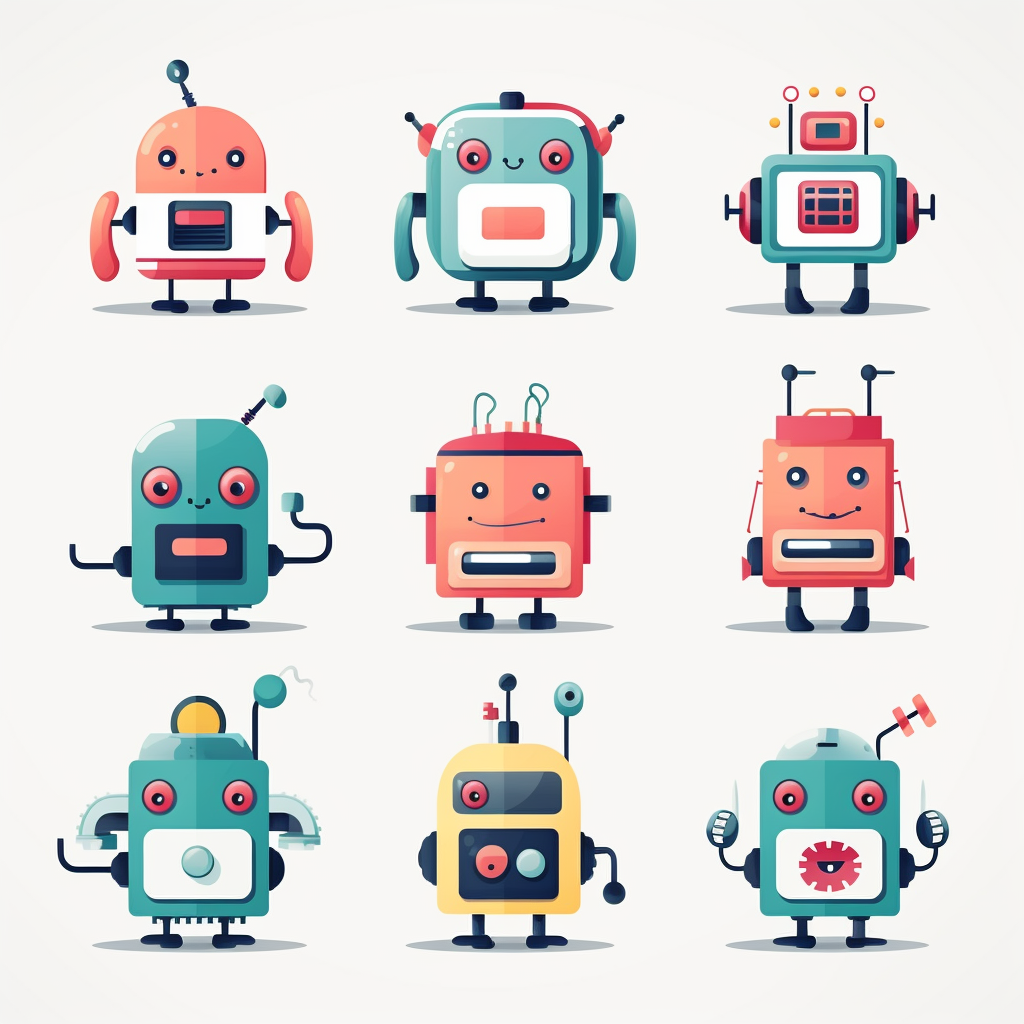 Colorful flat robot avatars on white background