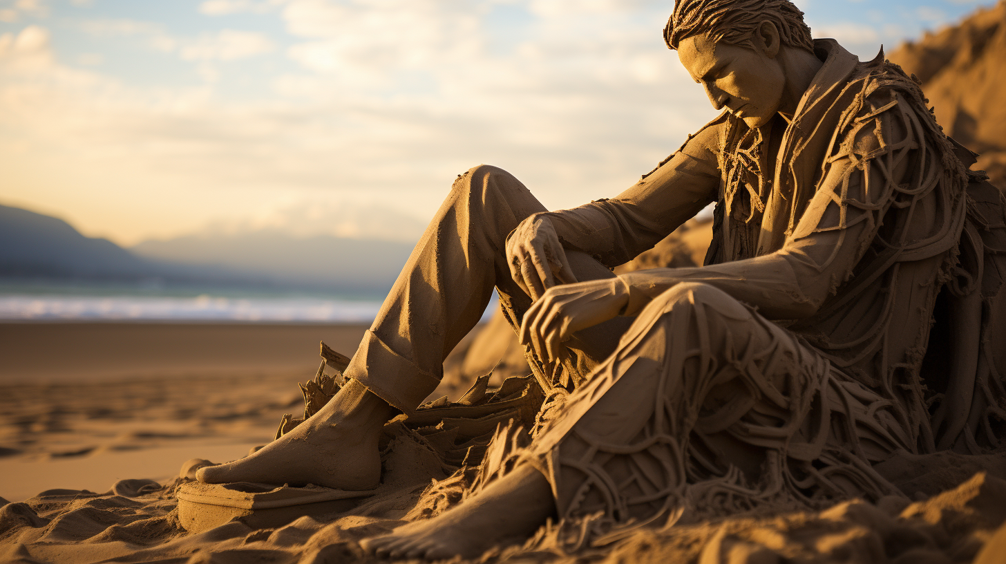 Man relaxing on sand sculpture at evening beach