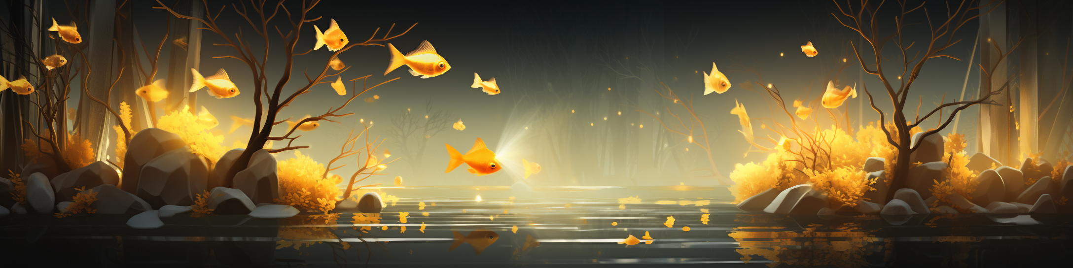 Flat trees with glowing goldfish