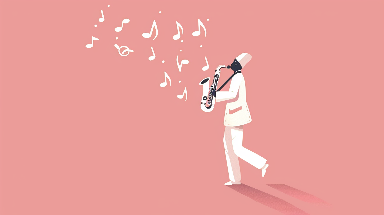 flat character playing saxophone with music notes