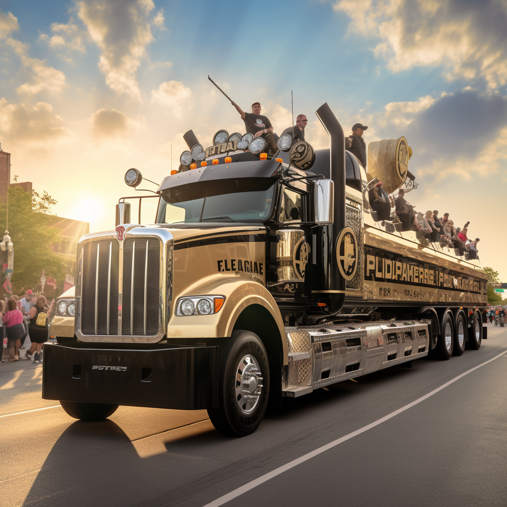 Flatbed truck with Purdue mascot, cheerleaders, and marching band