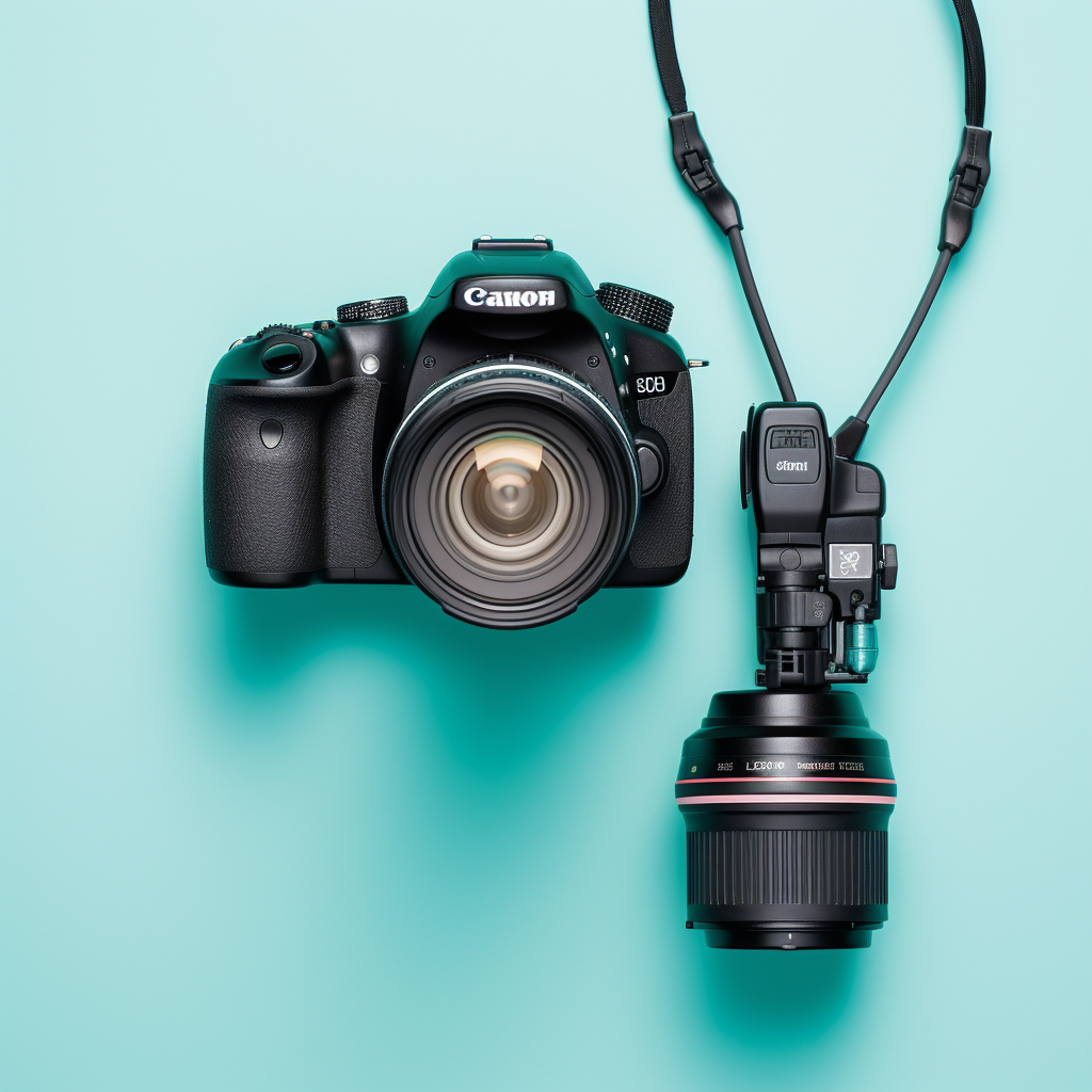 Flatlay product photo DSLR camera speedlight teal background