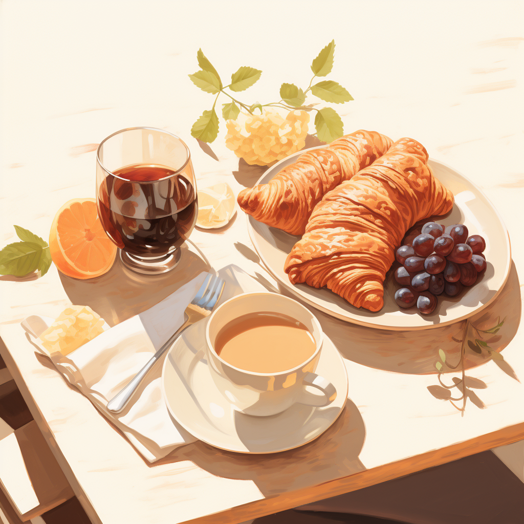 Table with coffee, fruits, croissants and water glass