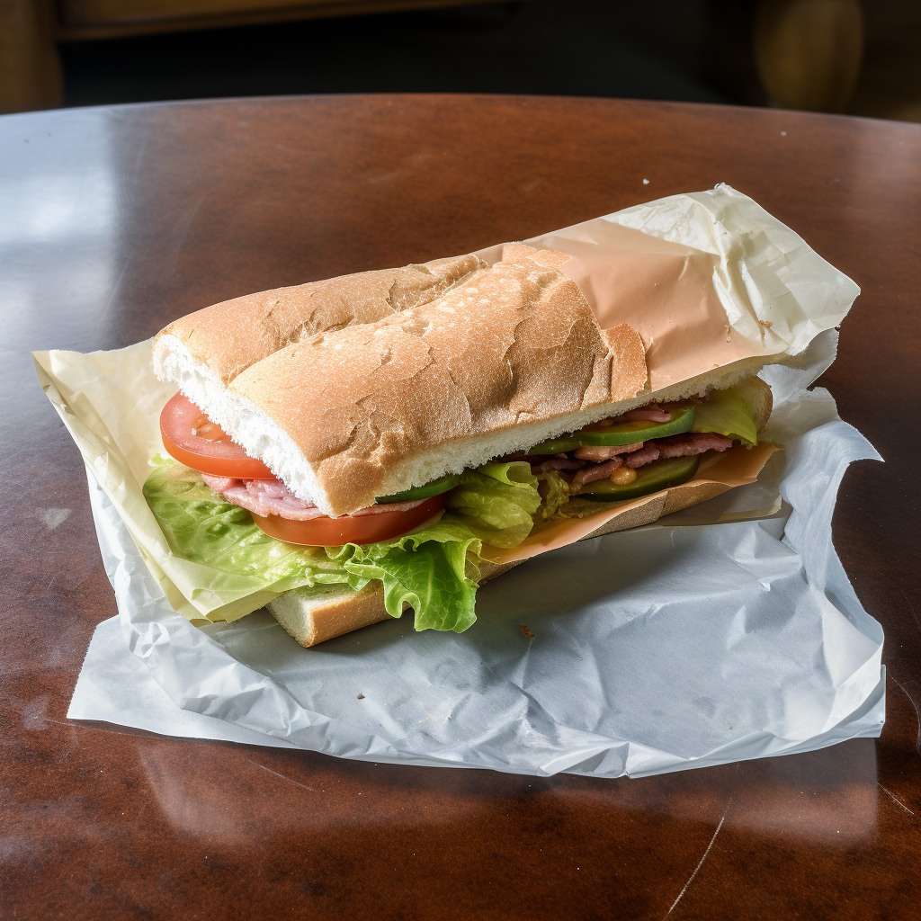 Tasty flattened sandwich wrapped in napkin