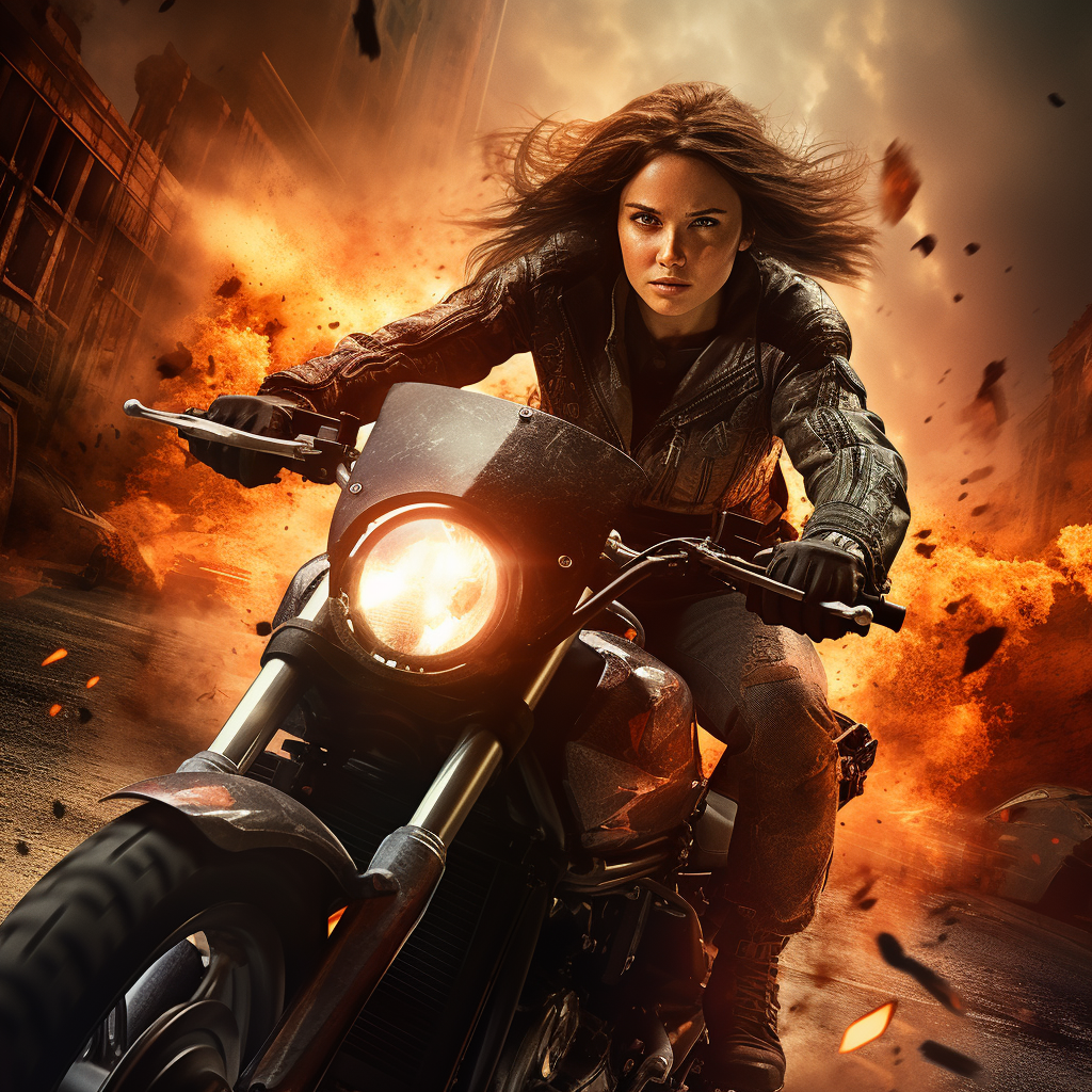 Fleeing Female Villain on Motorcycle