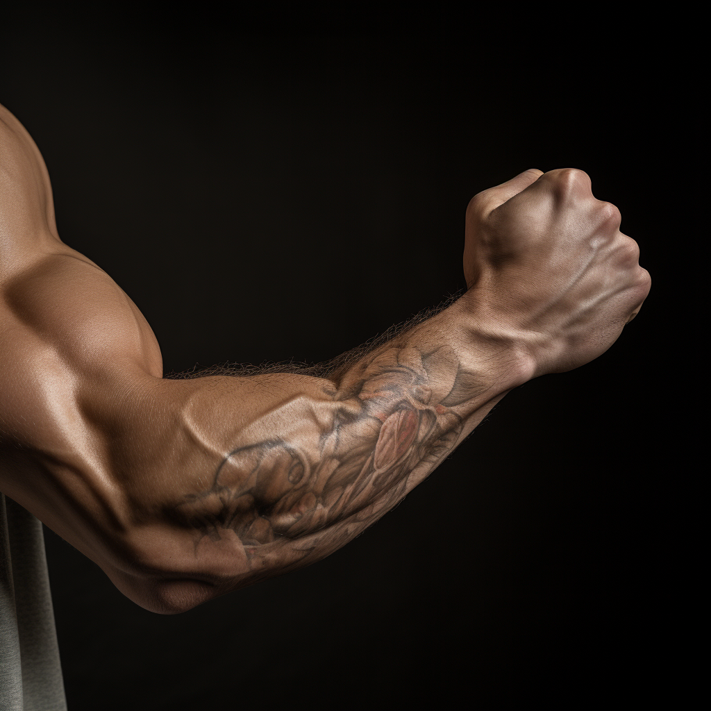 Young man flexing arm in bodybuilder pose