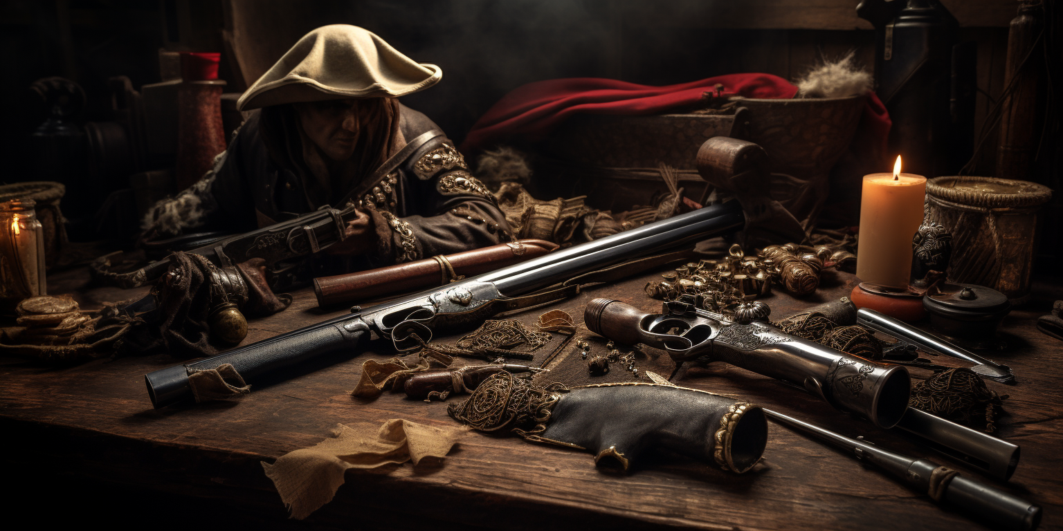 Flintlock pistols and swords on wooden table