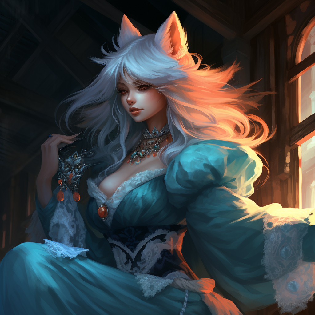 Flirty kitsune mage with aqua fox fur