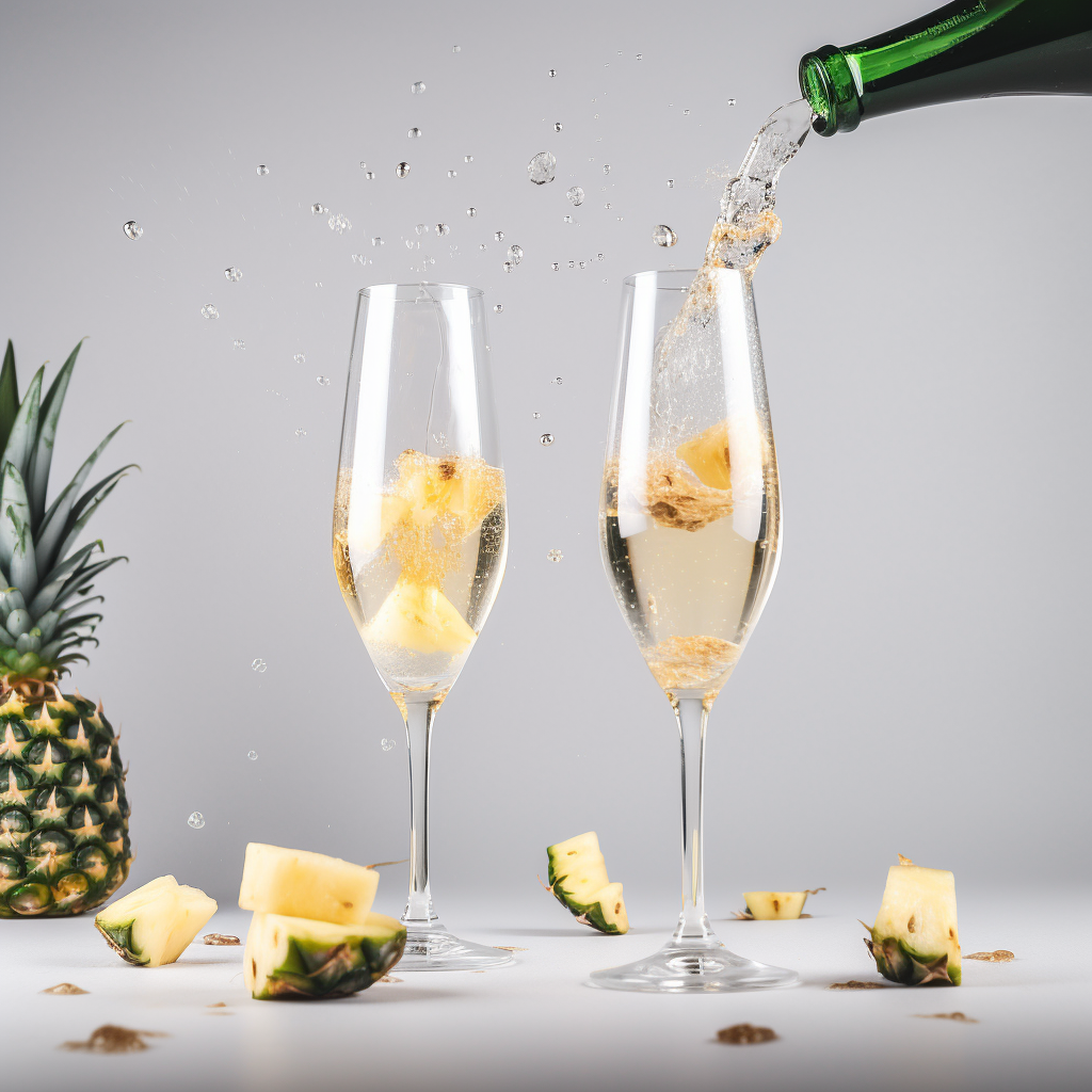 Champagne glasses with pineapple pieces