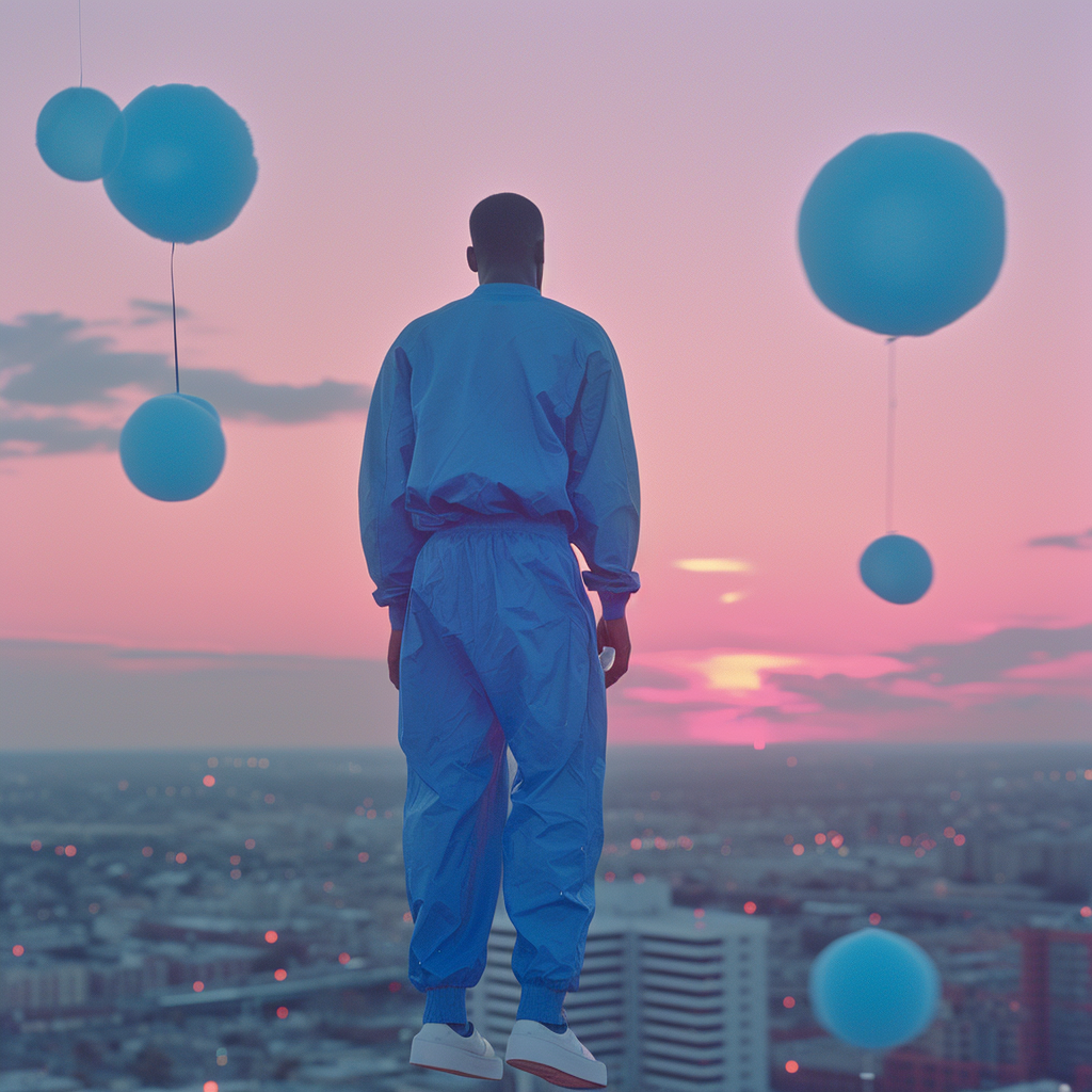 Black man floating above ground in blue track suit at sunset