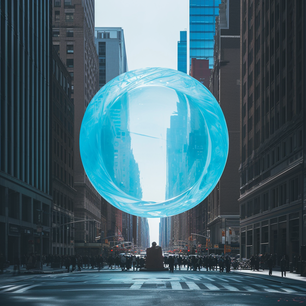 Floating blue circle on New York street