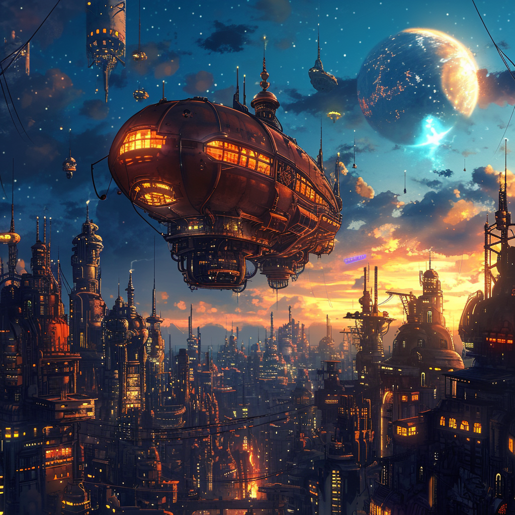 Colorful floating city spaceship in anime style