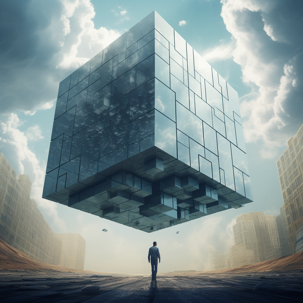 Man surrounded by reflective cube illusion