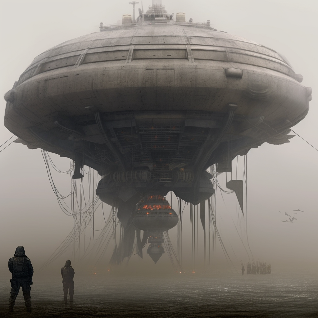 Foggy gray enemy ship floating in the air