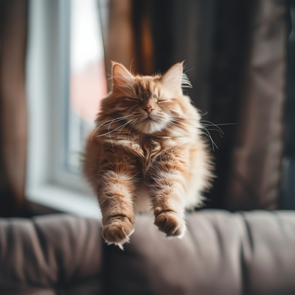 Ginger cat floating in air